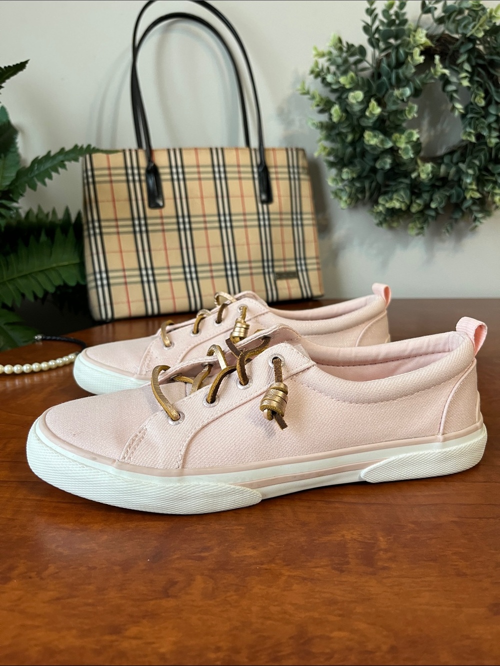 Sperry Pier Wave Blush Pink Canvas Lace-Up Sneakers with Gold Accents